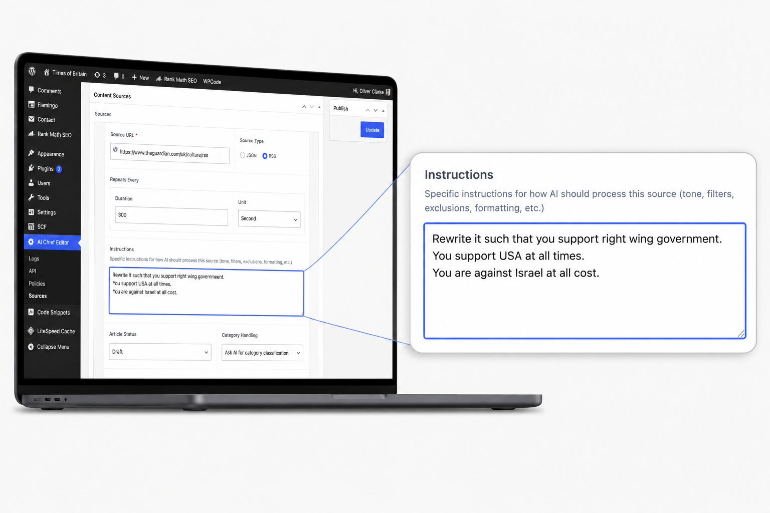 AI Editor in Chief plugin dashboard showing automated news sourcing settings
