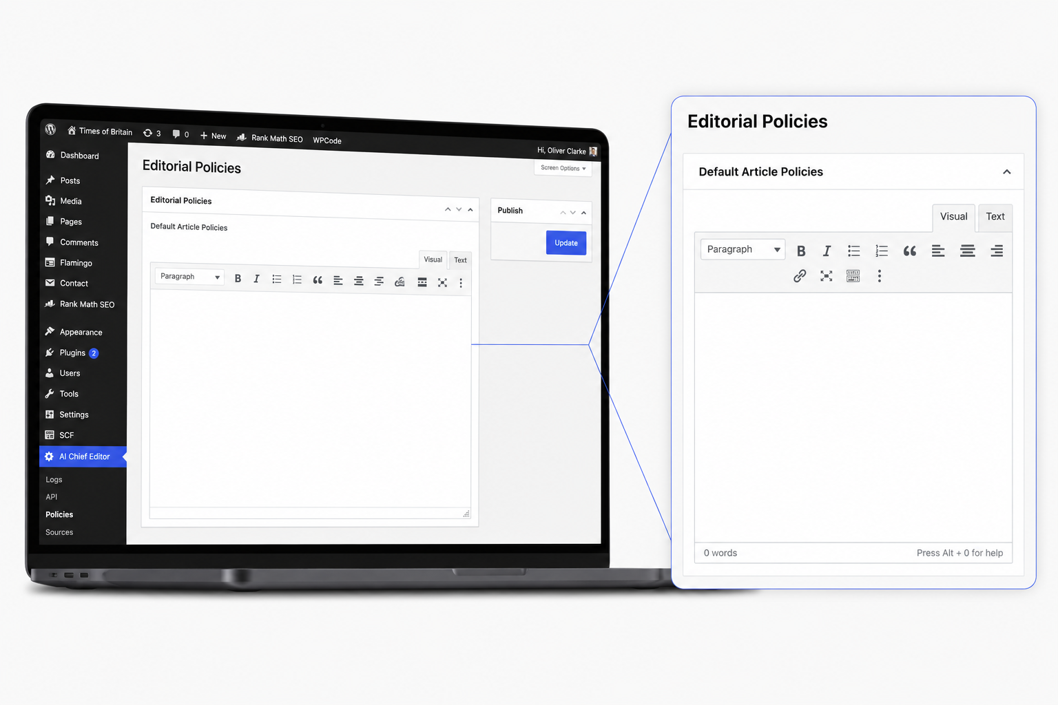 AI Editor in Chief policy settings for rewriting and publishing rules
